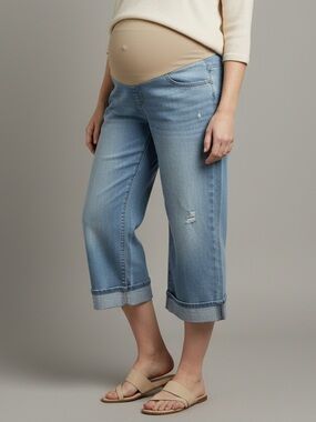 Indigo Blue Light Blue Cropped and Cuffed Wide Leg Maternity Jeans